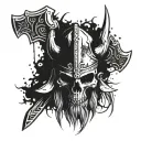 viking skull with war paint, battle axes crossed in background  tattoo design idea