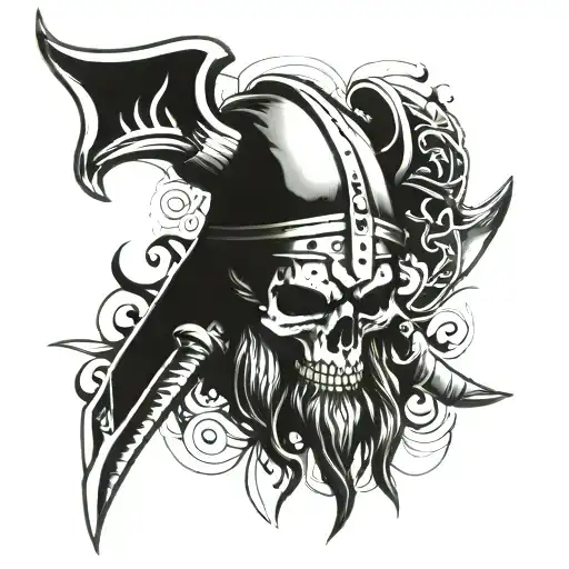 viking skull with war paint, battle axes crossed in background  tattoo design idea