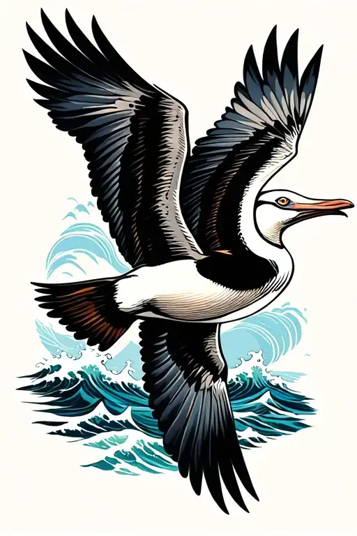 albatross bird that flying and compas neptun waves tattoo design idea