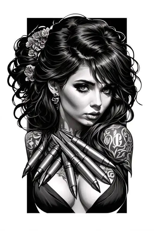 Lady With Bullets Across Chest tattoo design idea