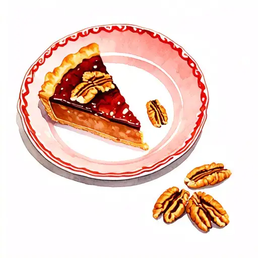pecan pie slice on red pie plate with  III-XXII-MMXXV on rim  tattoo design idea