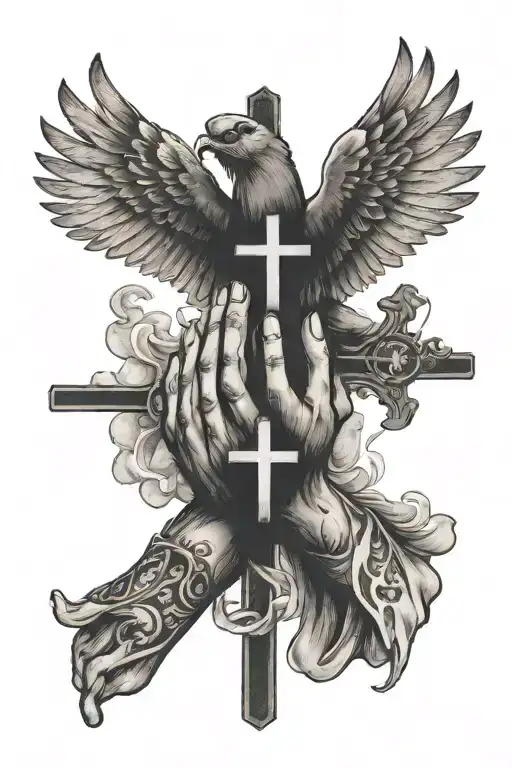 praying hands, a dove, and a cross with the name Smoke tattoo design idea