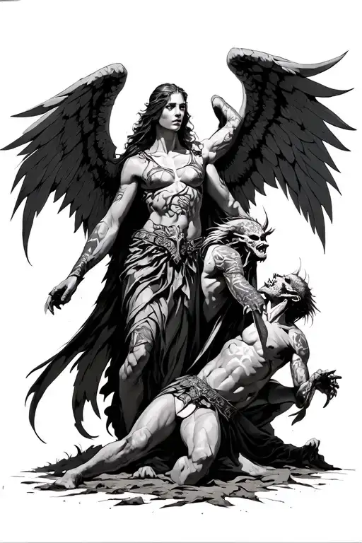 warrior angel with defeated demons on the ground looking tattoo design idea