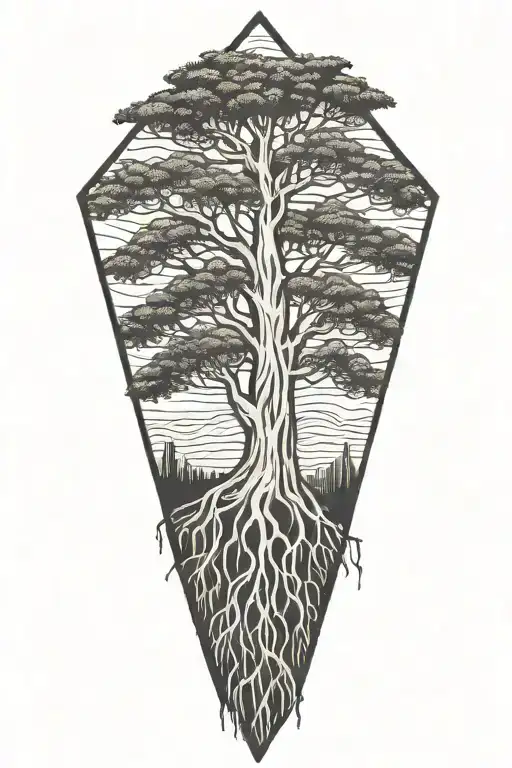 Bald cypress with roots inside diamond shaped line outlining tattoo design idea