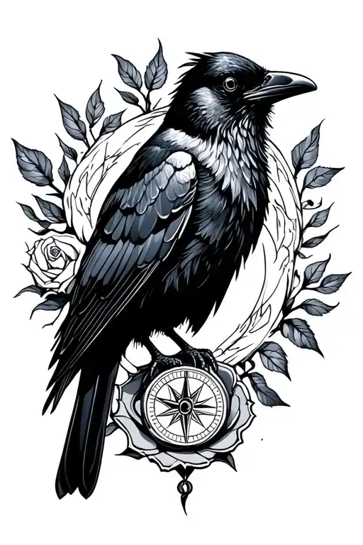 crow with compass firey rose tattoo design idea