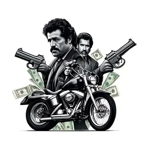 Black and grey tattoo with al Pacino and Pablo Escobar, with some guns and money and a Harley Davidson  tattoo design idea