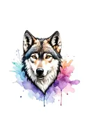 Photorealistic tattoo of a wolf head in watercolor on the right outer forearm near the wrist. In the background there is tattoo design idea