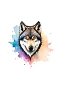 Photorealistic tattoo of a wolf head in watercolor on the right outer forearm near the wrist. In the background there is tattoo design idea