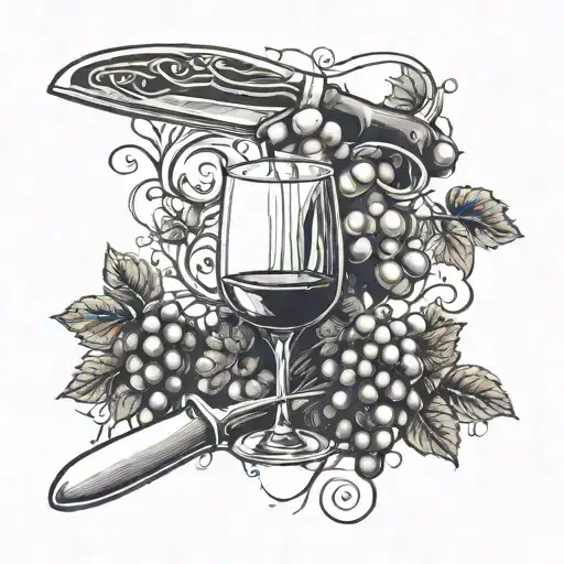 A tattoo of a chef's knife and wine glass intertwined with grapevines, representing your passion for cooking and wine tattoo design idea
