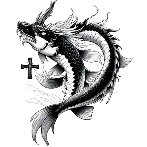 KOI FISH DRAGON WARRIOR AND A CROSS tattoo design idea