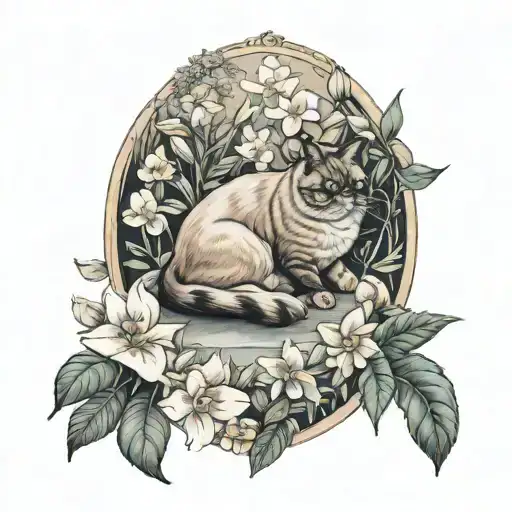fat Siamese cat in a garden scene with flowers tattoo design idea