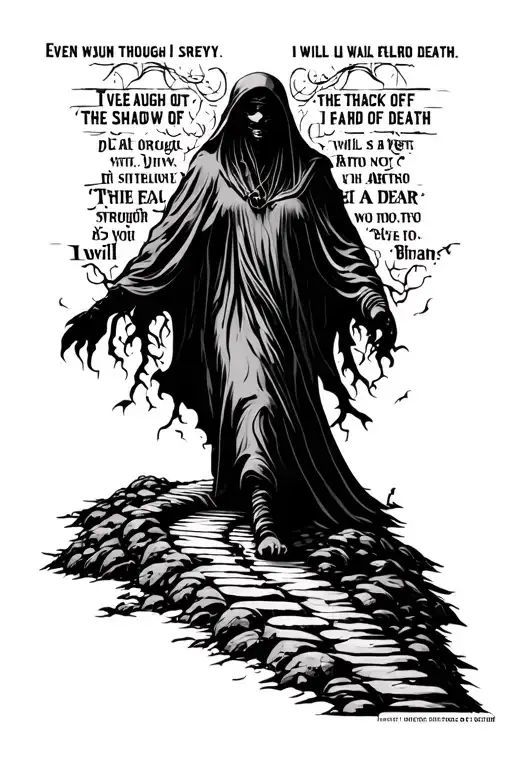 Even though I walk through the valley of the shadow of death, I will fear no evil, With a pathway behind the words tattoo design idea