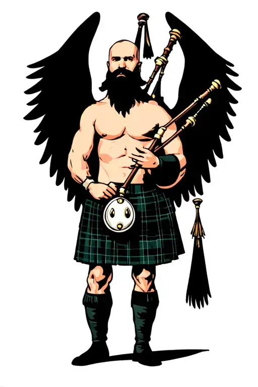 shirtless muscular bagpiper bald black beard playing bagpipes huge black wings black background tattoo design idea
