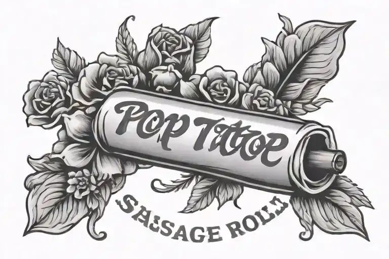 sausage roll and a banner with flowers saying pop tattoo design idea
