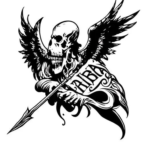 neck tattoo of a angel of death with spear going through the words tattoo design idea