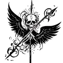 neck tattoo of a angel of death with spear going through the words tattoo design idea