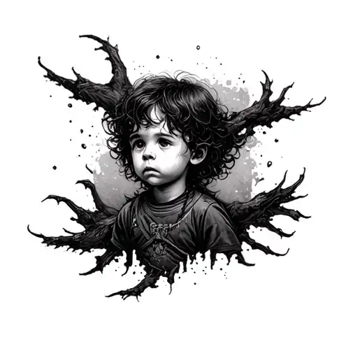 n child, almost invisible, is lost in an oppressive darkness, symbol of despair and family injuries. tattoo design idea