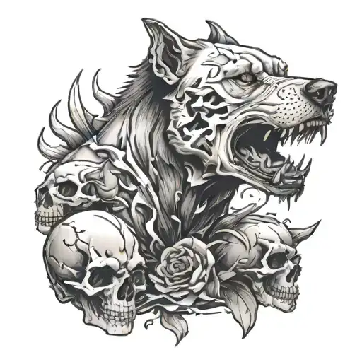 vicious dog biting down on skull and skull pieces shattering tattoo design idea