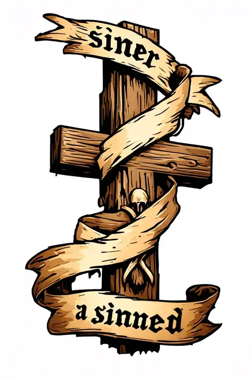 A wooden cross with a tattered banner wrapped around that says "a sinner" "saved" tattoo design idea