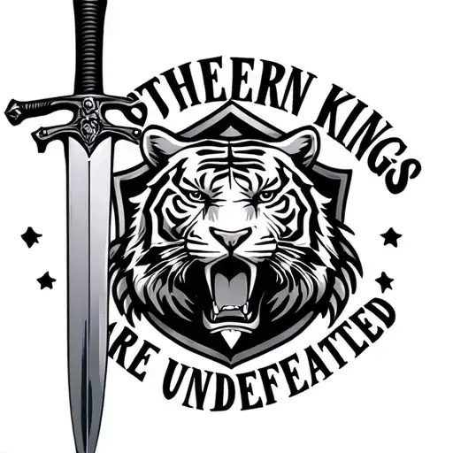 tattoo of phrase " SOUTHERN KINGS ARE UNDEFEATED" with a sword and a sheild having a tiger emblem tattoo design idea