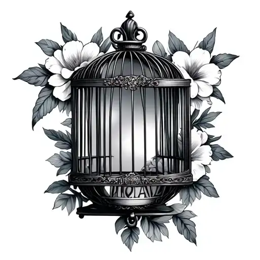 An empty passenger cage with an ancient mirror that in the mirror reflex is seen the name of Lioba with a flowers tattoo design idea