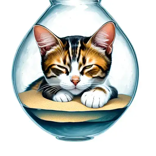 serene clowdy scene featuring manx cat sleeping in the bottom section of an hourglass with all sand at bottom of it tattoo design idea