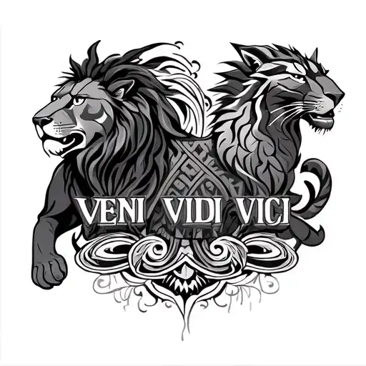 "Veni vidi vici " create a amazing African, Polynesian inspired tattoo. it should include a lion, a Griffin, and a panther.  tattoo design idea