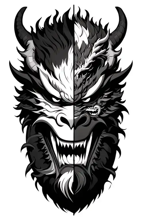Oni mask split in half with a dragon going through the mask  tattoo design idea