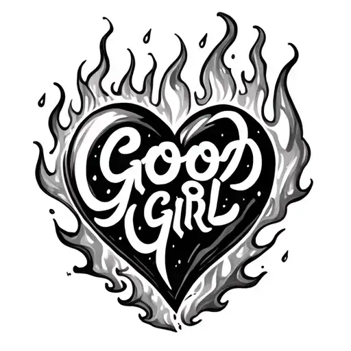 flaming heart with good girl words inside fineline hand written minimalistic only outlines tattoo design idea