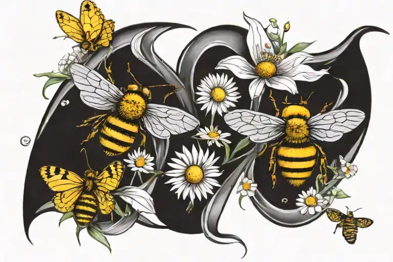 Daisy flowers with honey bee collecting nectar and yellow butterfly flying near in shape of infinity symbol tattoo design idea