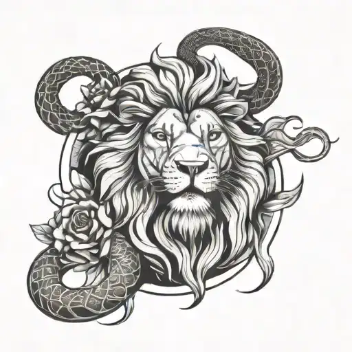 lion rose snake clouds tattoo design idea