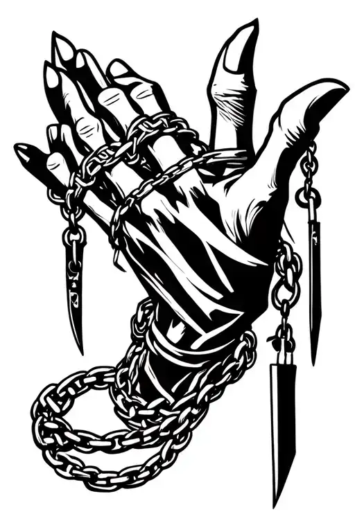 kurapika chain around the wrist with hanging blades on the hand tattoo design idea
