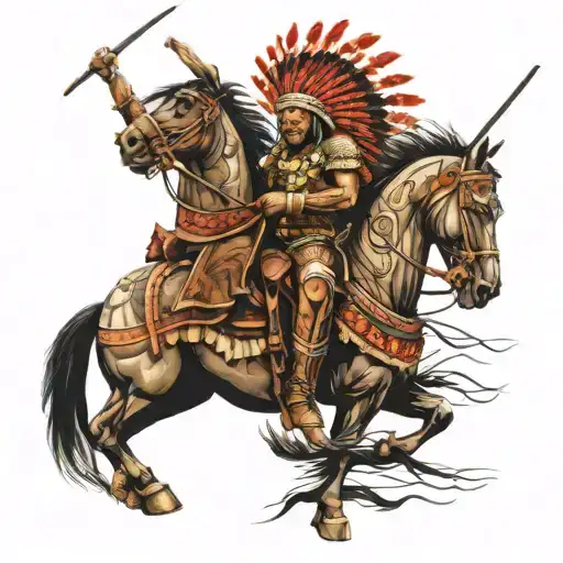 Indian warrior with headress on horse tattoo design idea