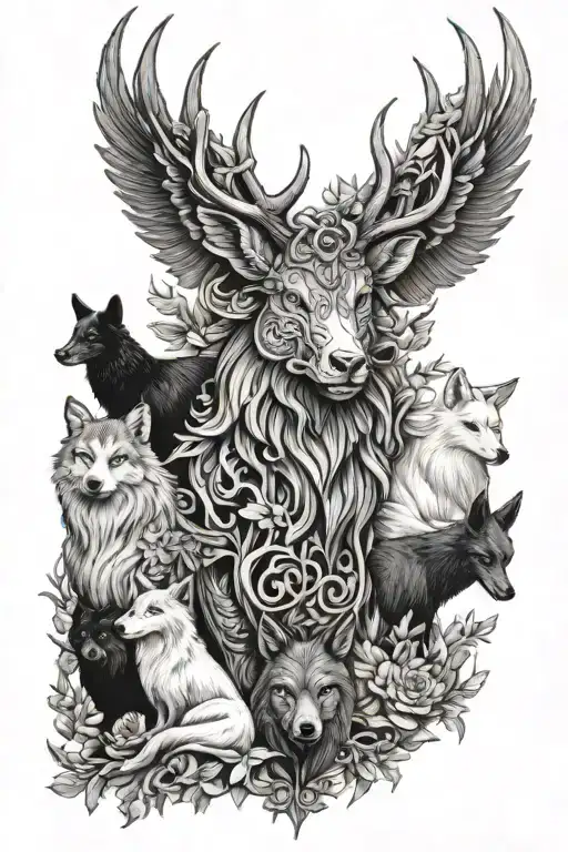 Stag, wolf, fox, boar, swan, raven tattoo design idea