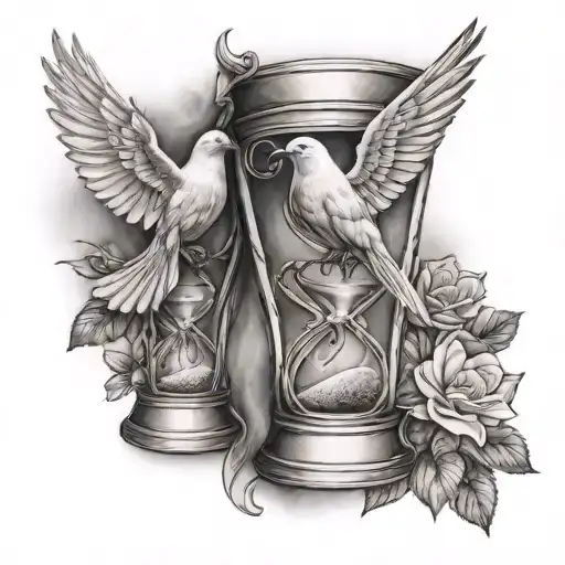 Realistic dove and hourglass on the arm sleeve tattoo design idea
