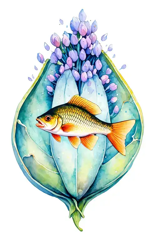 bluegill fish swimming out of a milkweed seed pod  tattoo design idea