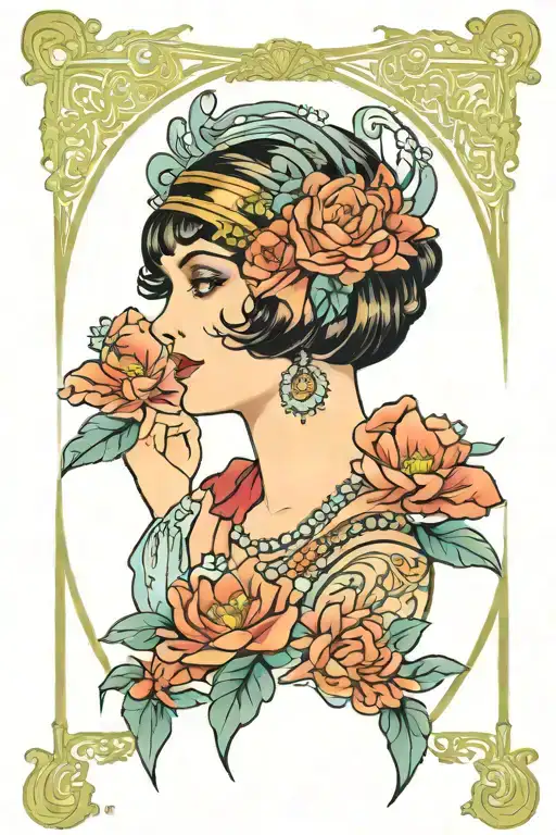 vintage 1920 flapper girl in colorful art nuveau style illustration featuring a lightweight flower frame tattoo design idea