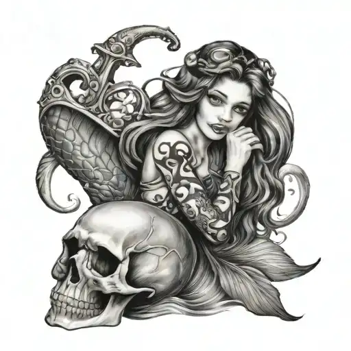 mermaid with anchor and scull tattoo tattoo design idea