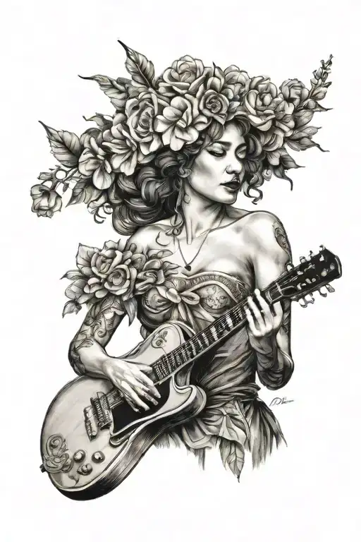 queen with a flower crown playing guitar tattoo design idea
