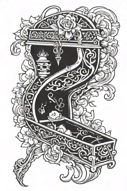 (old-school tattoo), traditional draw of a coffin with (spiral stair) inside, surrounded by (Japanese tattoo style) flam tattoo design idea