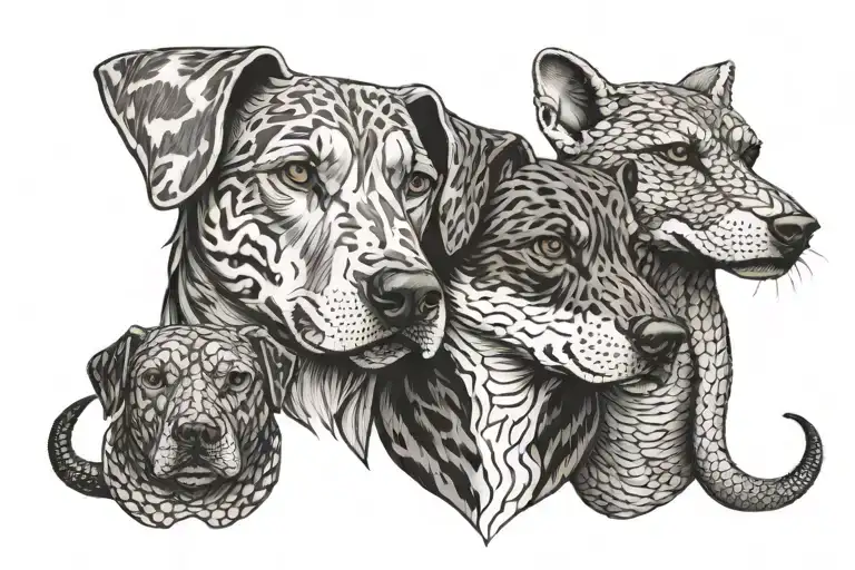 3 dog heads in 1, snake tattoo design idea