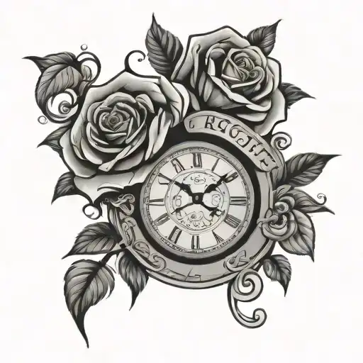 Reggie name with clock surrounded and rose intertwined half sleeve  tattoo design idea