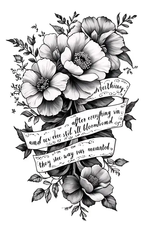 spine tattoo with flowers with the quote "and even after everything she's still bloomed in the way she was meant to" tattoo design idea
