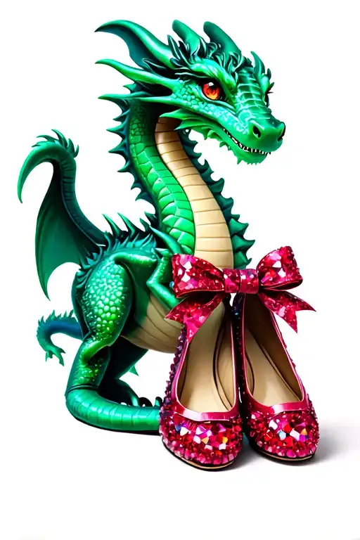 friendly emerald dragon and two sparkly ruby flat shoes with bows on toes tattoo design idea