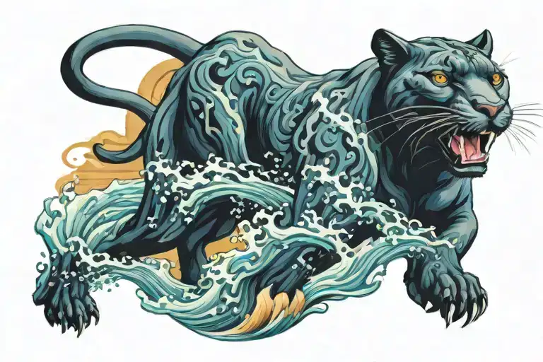 panther in the waves of the sea tattoo design idea