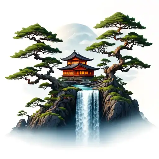 mount paozu with a japanese house on the top of the mountain, a large waterfall and many bonsai trees tattoo design idea