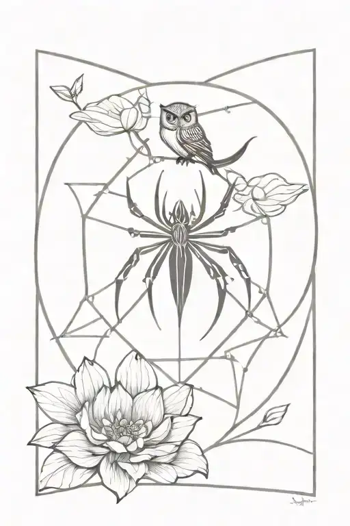 Spider symbol, lotus symbol , owl standing on an open book, satyr symbol, ink heart in the background tattoo design idea