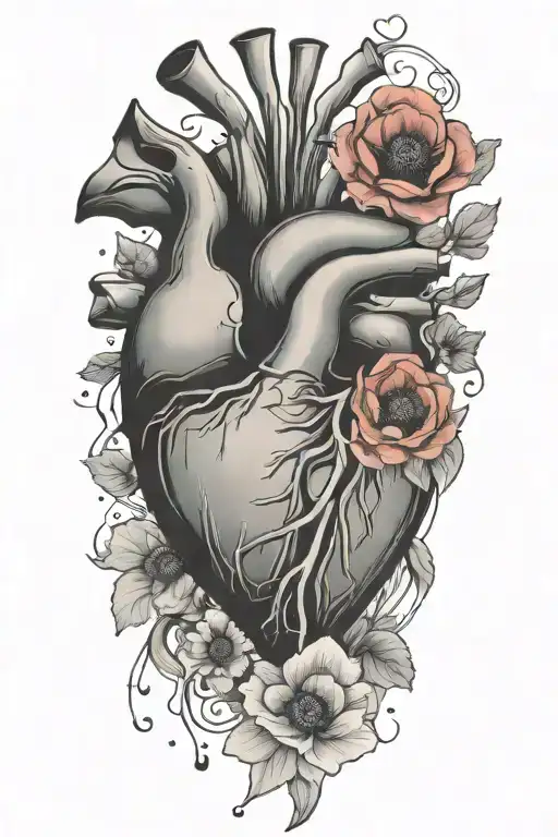 abstract design human heart, poppies, anemones, music, love tattoo design idea