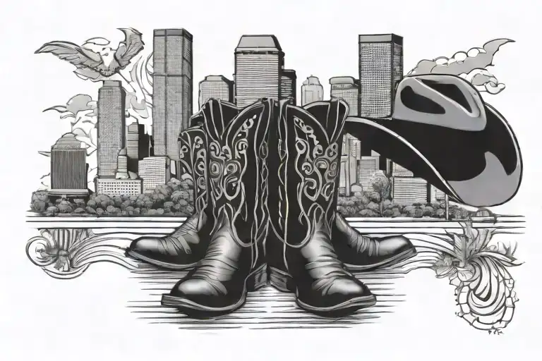 Houston skyline, East Texas, cowboy boots, cowboy hat, 713, 903,  tattoo design idea