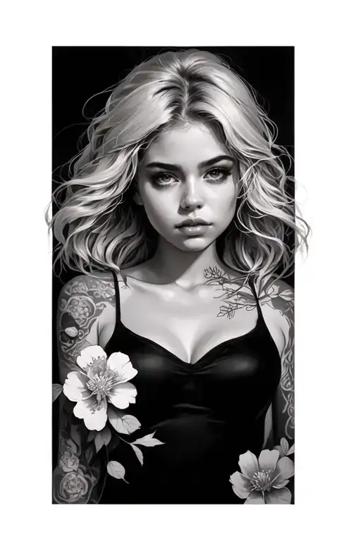 a sexy blonde girl with  sakura flowers around her tattoo design idea